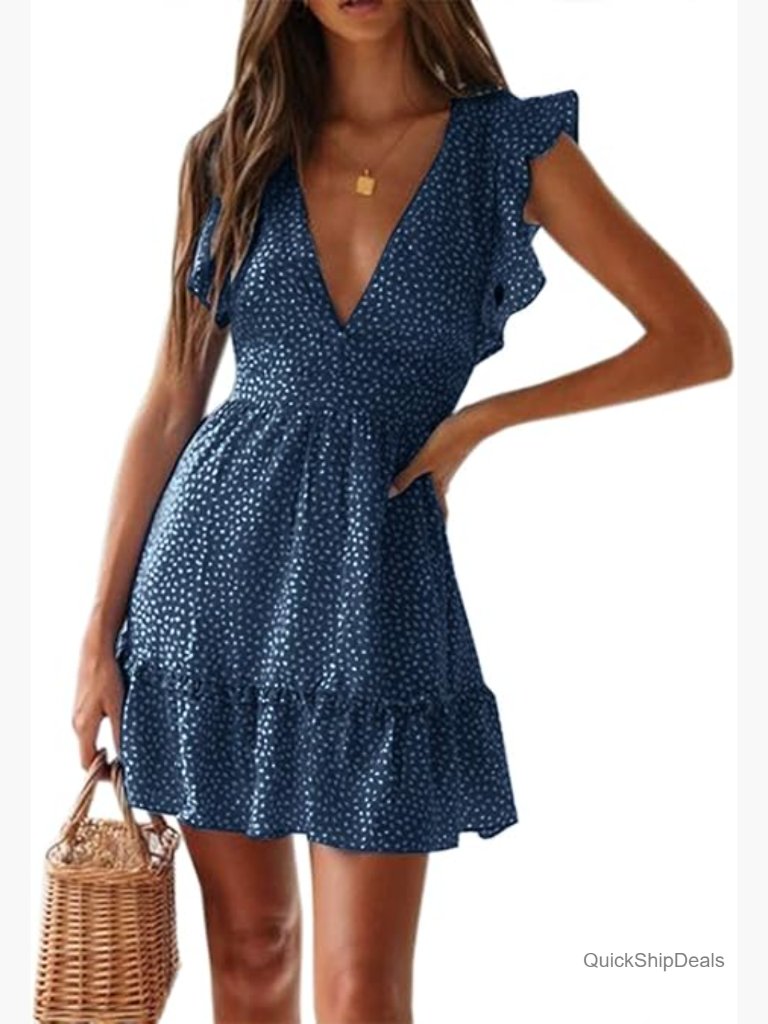 Sexy V Neck Flutter Sleeve Ruffle Hem Mini Dress